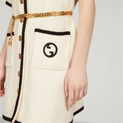 gucci ribbon-trim tweed t-shirt dress|Retro tweed dress with chain belt in off white .